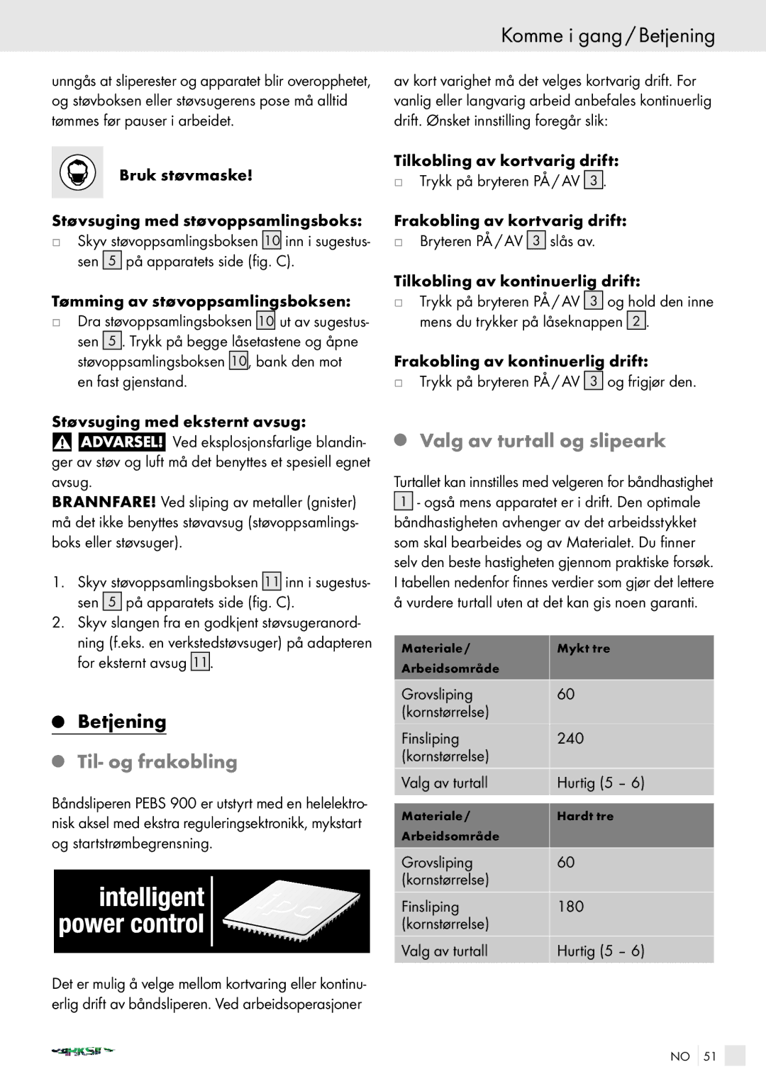 Kompernass PEBS 900 manual Komme i gang / Betjening, Til- og frakobling, Valg av turtall og slipeark 